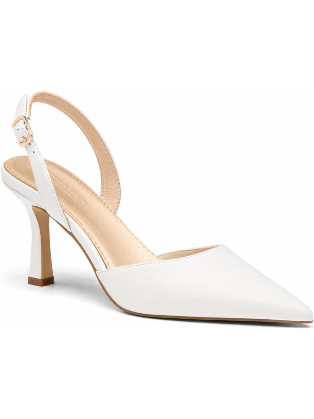 Women's All White Slingback Kitten Heels Closed Pointed Toe Pumps Slip on